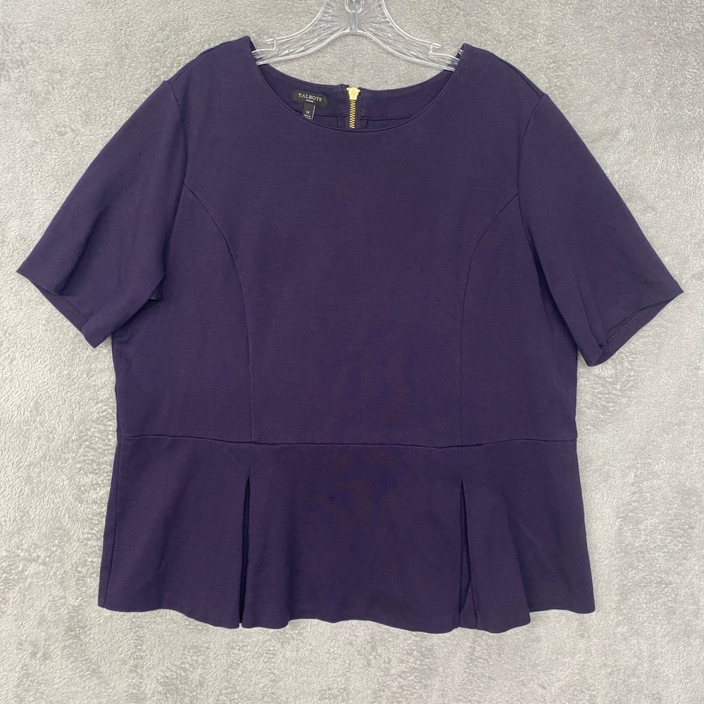 Talbots Top Size 1X Womens Purple Peplum Zipper Back Short Sleeve Zipper Office